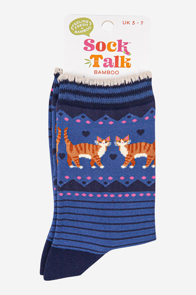 womens-bamboo-socks-denim-blue-navy-blue-ginger-cats-in-sock-talk-packaging