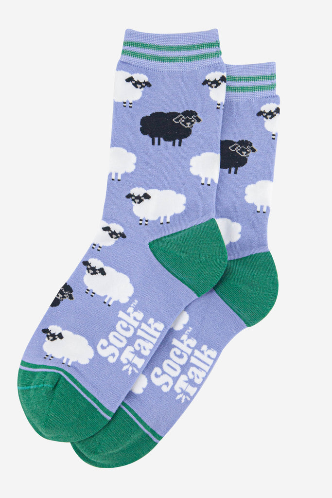 womens-bamboo-socks-light-blue-green-black-sheep-laying-flat