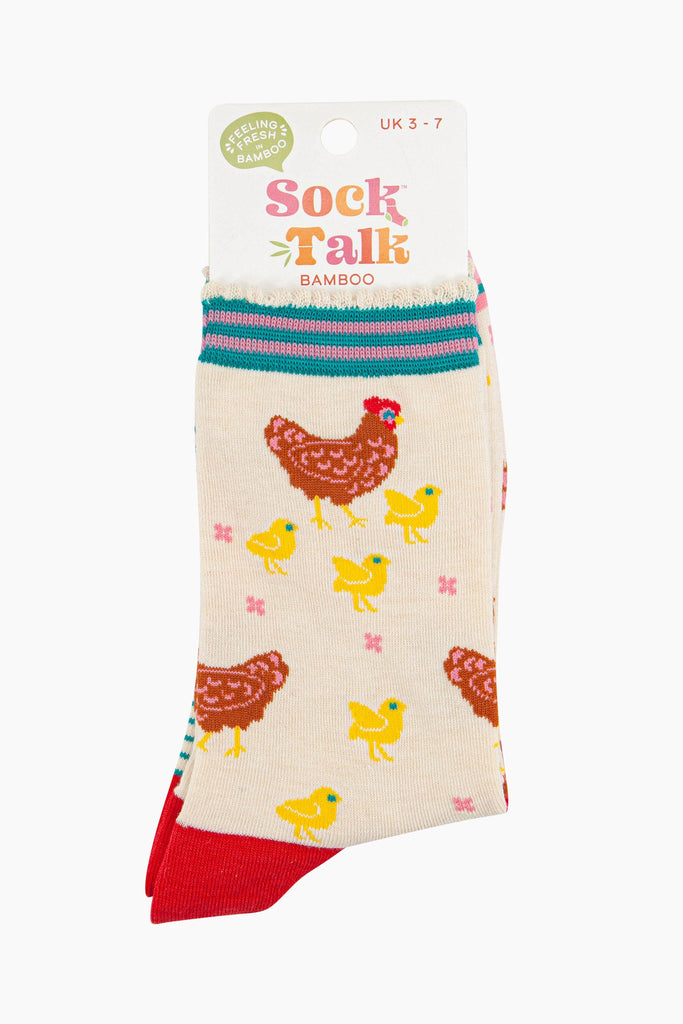 women's bamboo socks cream hen and chicks ankle socks in their sock talk packaging, the socks are a uk size 3-7