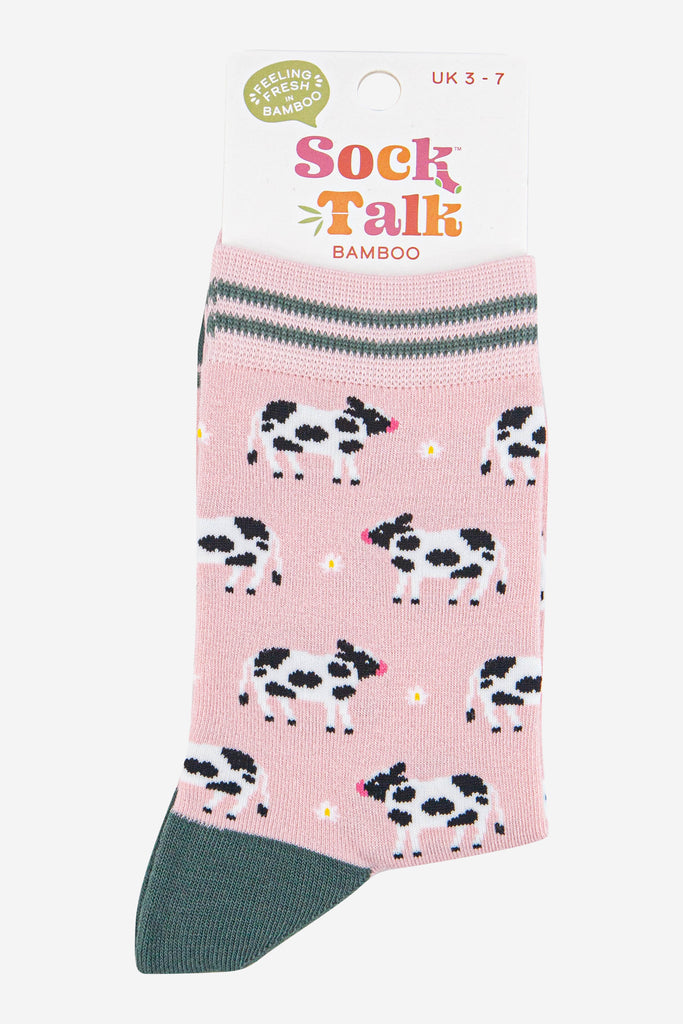 womens-bamboo-socks-light-pink-green-spring-cow-in-sock-talk-packaging