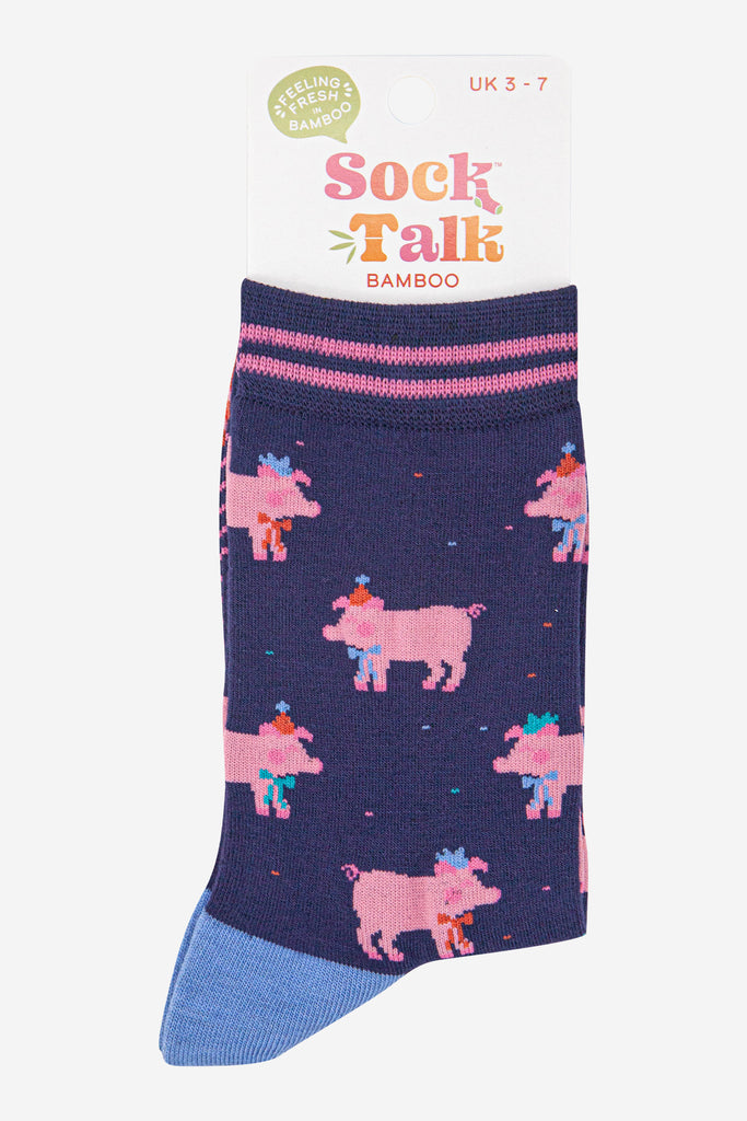 womens-bamboo-socks-navy-blue-orange-party-pigs-in-sock-talk-packaging