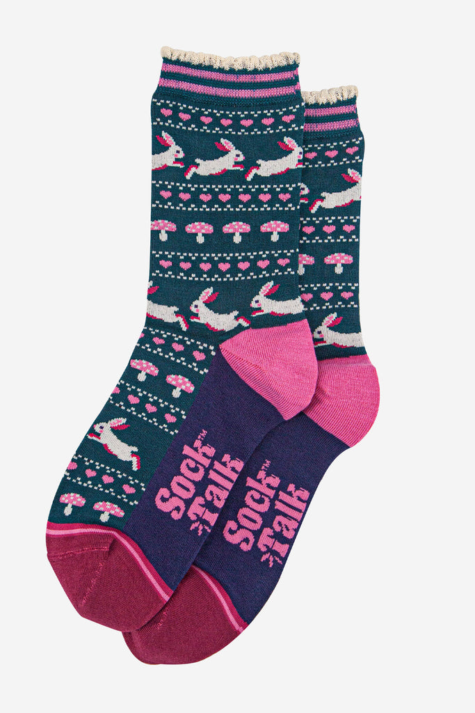 womens-bamboo-socks-forest-green-navy-blue-rabbit-and-toadstools-laying-flat