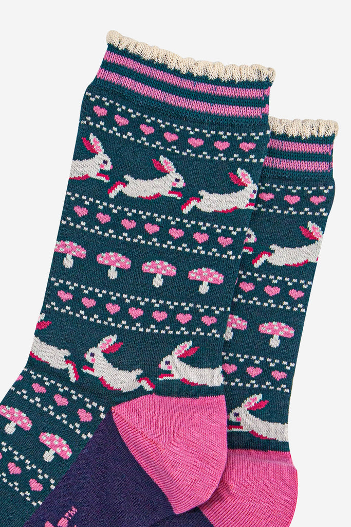 womens-bamboo-socks-forest-green-navy-blue-rabbit-and-toadstools-close-up