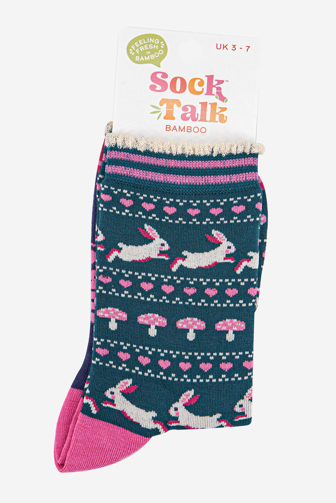 womens-bamboo-socks-forest-green-navy-blue-rabbit-and-toadstools-in-sock-talk-packaging