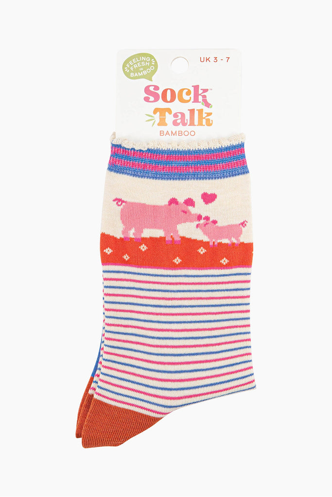 women's bamboo pig and piglet ankle socks in their sock talk packaging, the socks are a uk size 3-7.