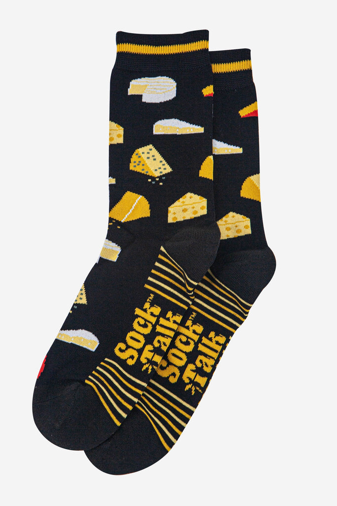 mens-bamboo-socks-black-cheese-laying-flat