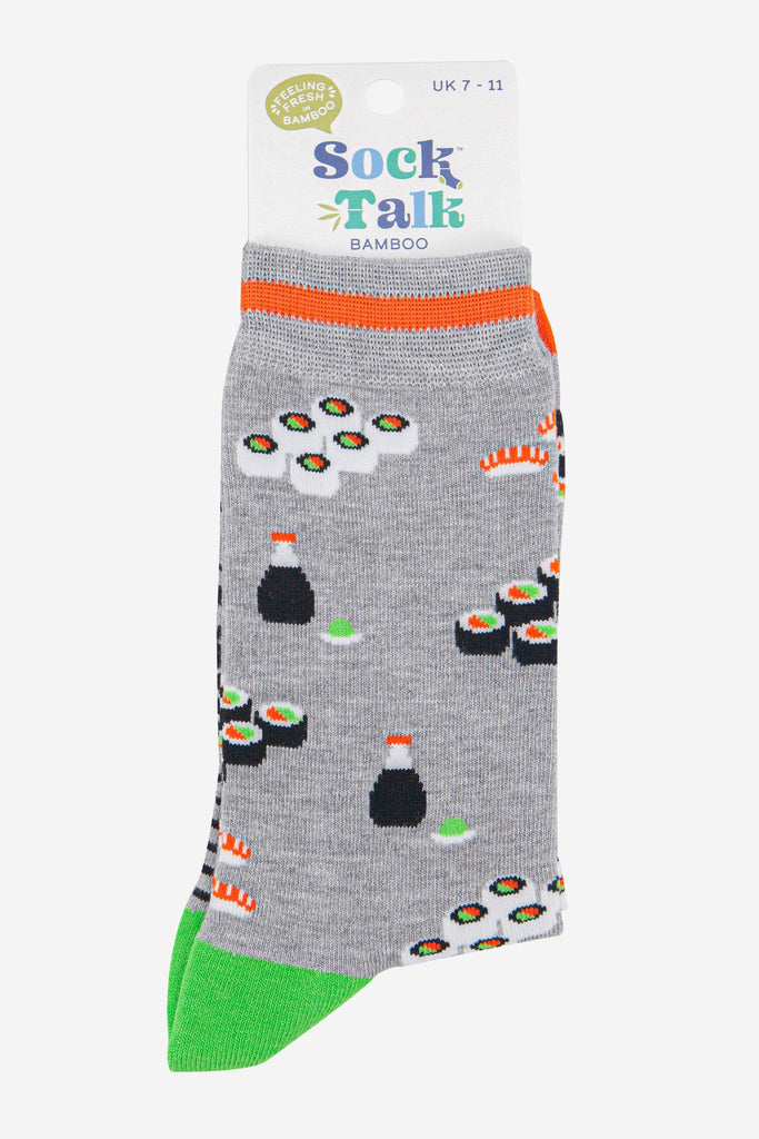 mens-bamboo-socks-light-grey-orange-sushi-in-sock-talk-packaging