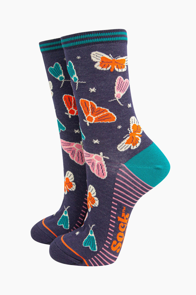 womens-bamboo-socks-navy-moths-and-stars-colourful-flying-insects