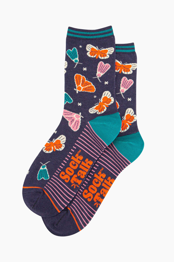 womens-bamboo-socks-navy-moths-and-stars-laying-flat-colourful-design