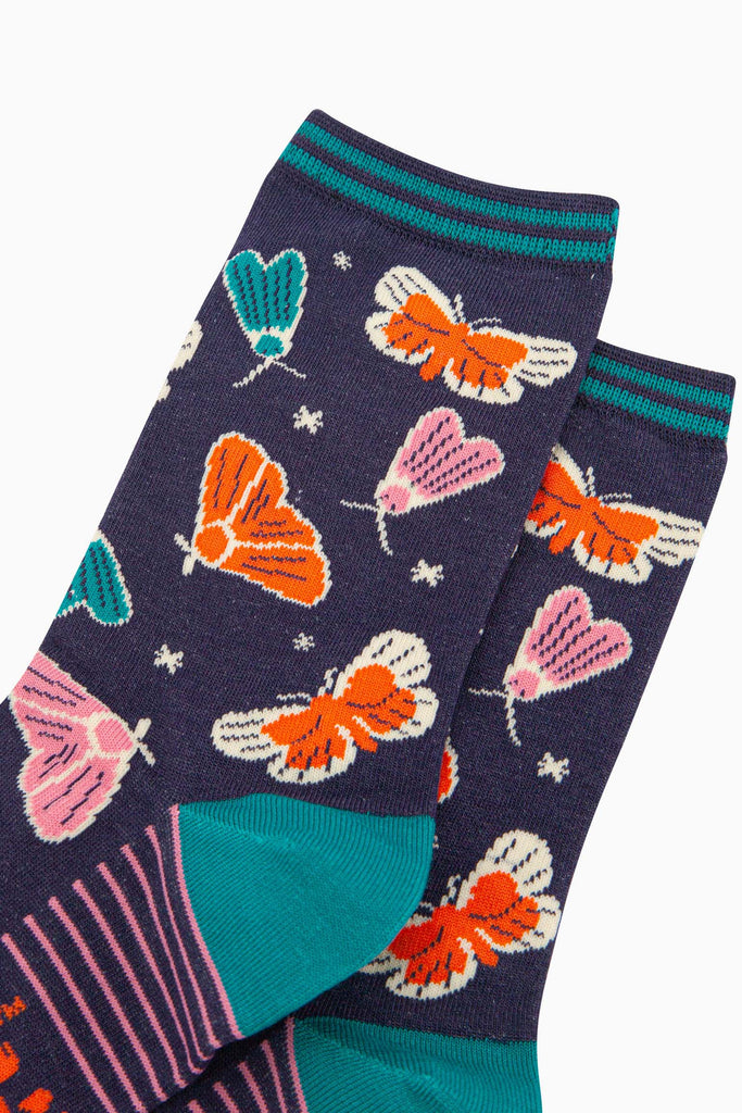 womens-bamboo-socks-navy-moths-and-stars-close-up-colourful-insects-contrast-navy-blue-night-sky-small-stars