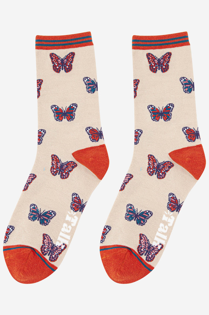womens-bamboo-socks-cream-orange-butterfly-laying-flat