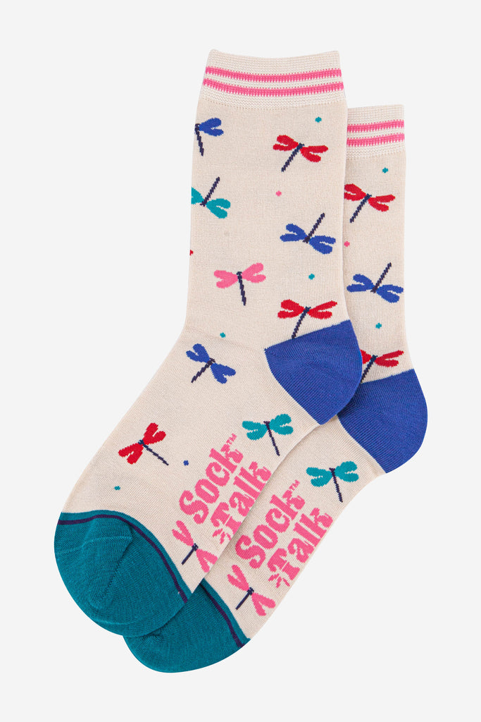 womens-bamboo-socks-cream-blue-dragonfly-laying-flat