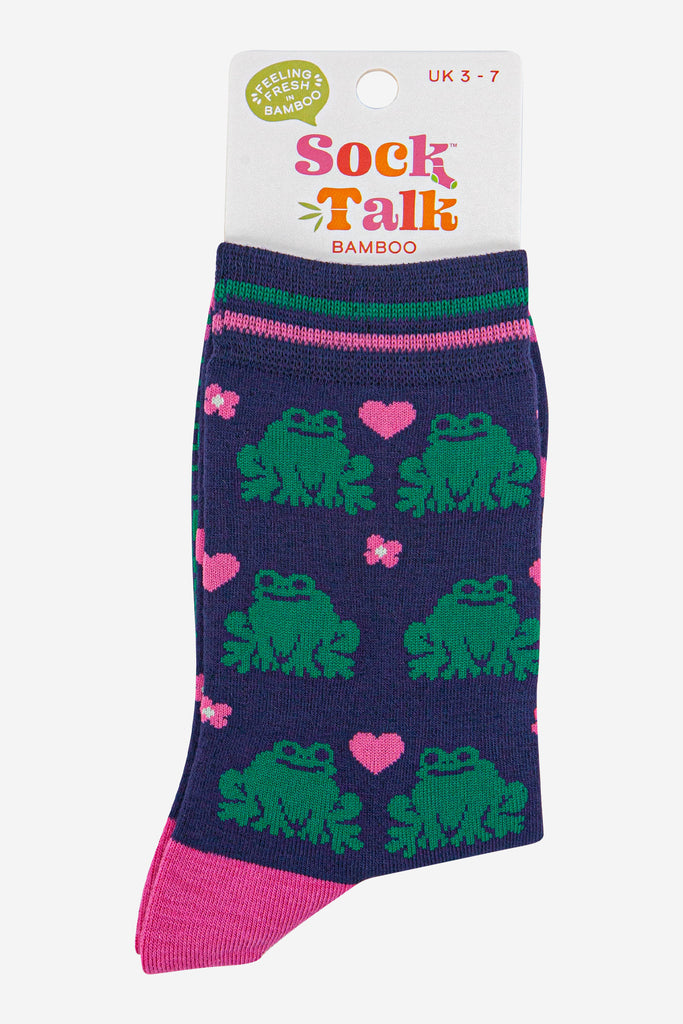 womens-bamboo-socks-navy-blue-pink-frogs-in-sock-talk-packaging