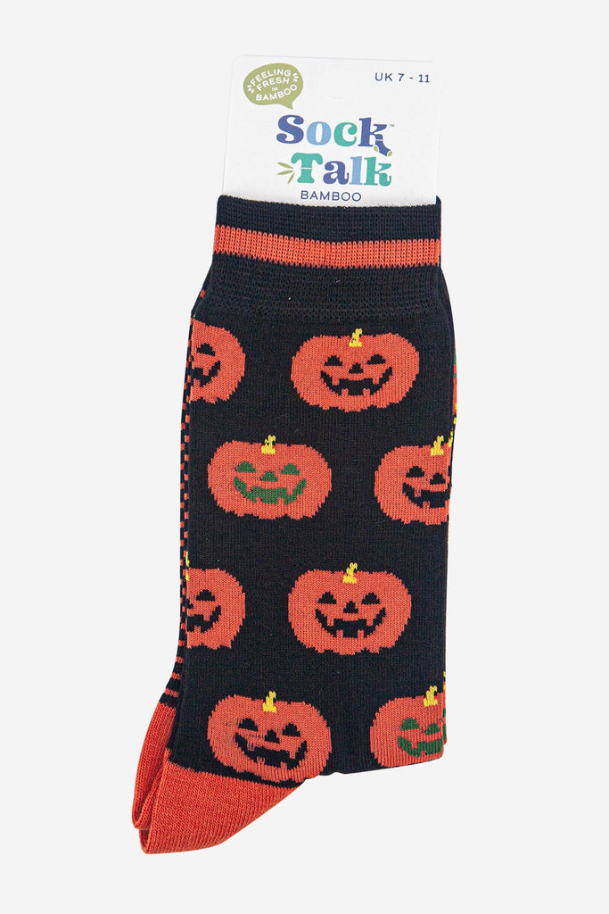 mens-bamboo-socks-black-pumpkins-in-sock-talk-packaging