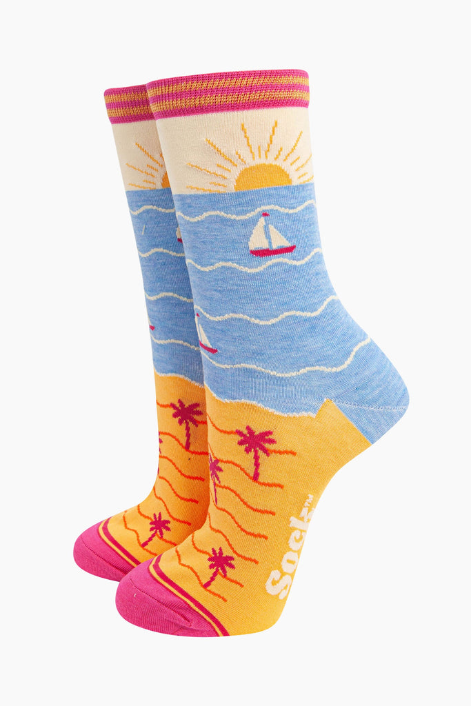 womens-bamboo-socks-cream-blue-beach-sunset-pattern-sandy-beach-seaside-setting-sun