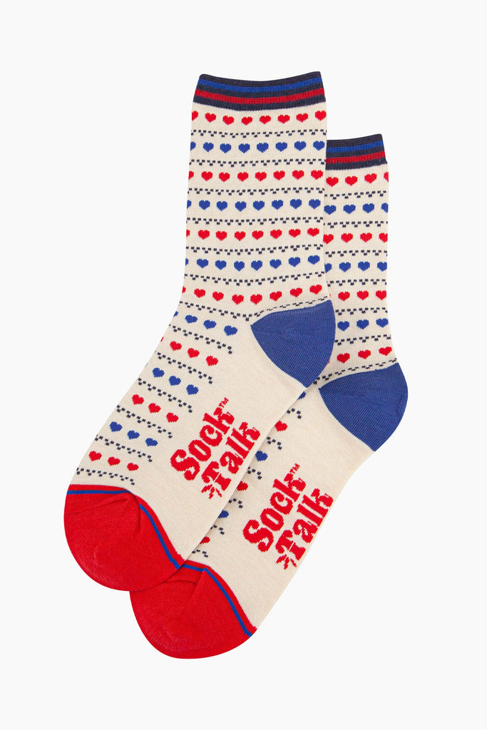 womens-bamboo-socks-cream-red-blue-heart-fair-isle-laying-flat-showing-love-heart-pattern-all-over-the-ankle-socks