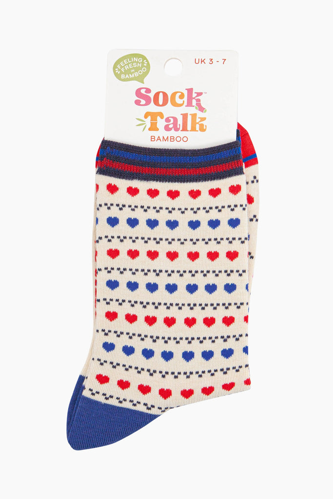 womens-bamboo-socks-cream-red-blue-heart-fair-isle-in-sock-talk-packaging-the-ankle-socks-are-a-uk-size-3-7