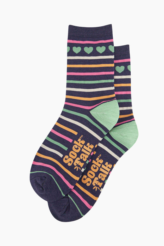 womens-bamboo-socks-navy-hearts-and-stripes-laying-flat-stripe-pattern-covers-the-socks-hearts-are-only-around-the-ankle