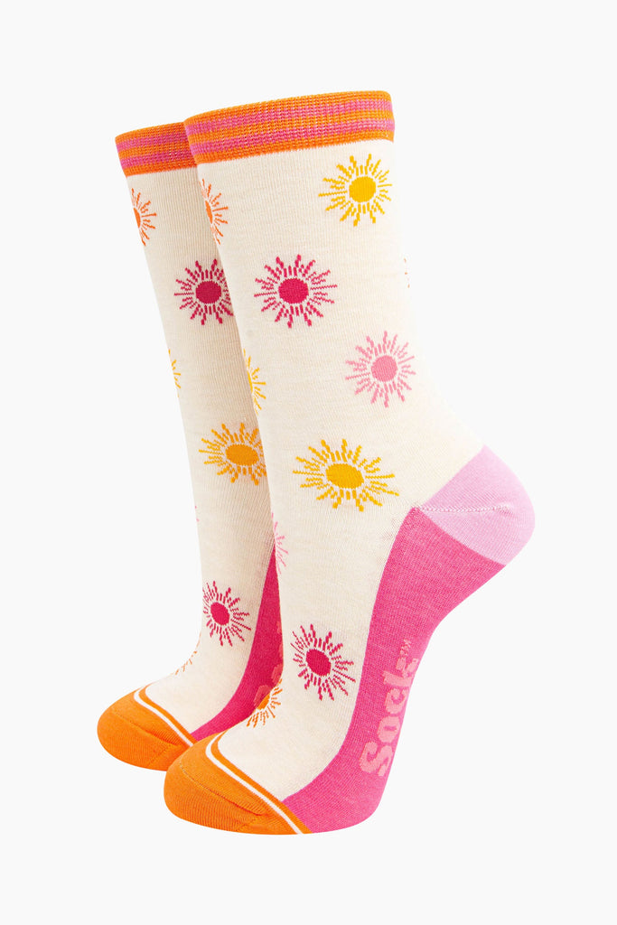 womens-bamboo-socks-cream-multi-sunshine-repeat-patter-yellow-pink-orange-suns