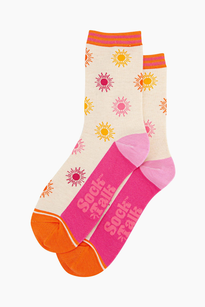 womens-bamboo-socks-cream-multi-sunshine-laying-flat-coloruful-sunshine-pattern-covers-the-socks