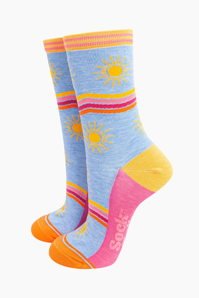 womens-bamboo-socks-blue-sunshine-wavy-stripes-pattern-bold-yellow-suns-wavy-rainbow-stripes