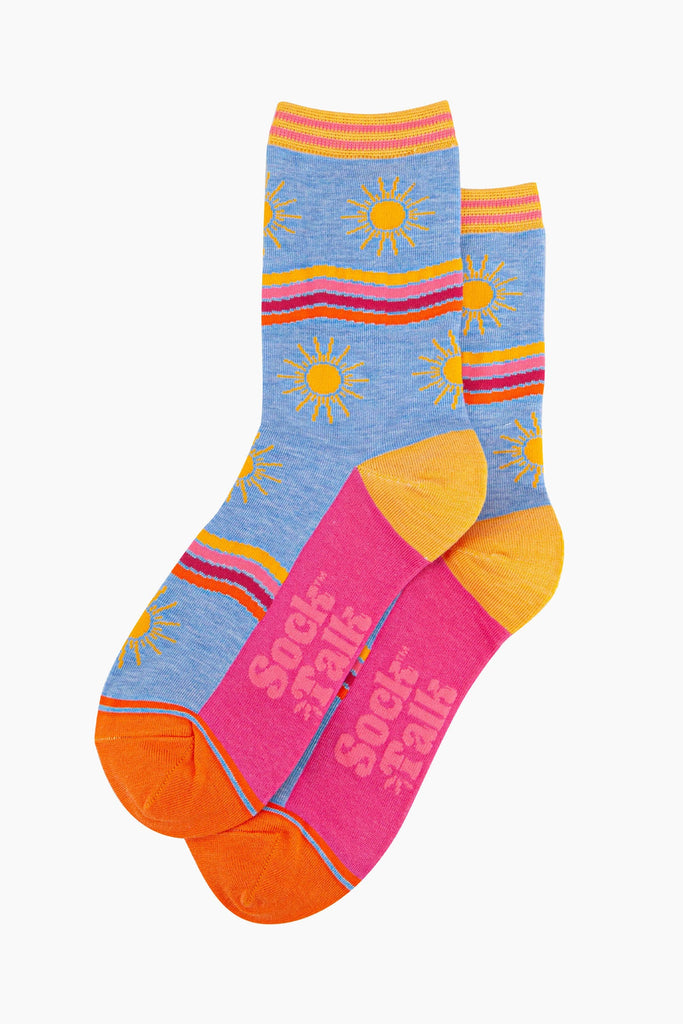 womens-bamboo-socks-blue-sunshine-wavy-stripes-laying-flat-sunshine-rainbow-stripe-pattern-covers-the-design