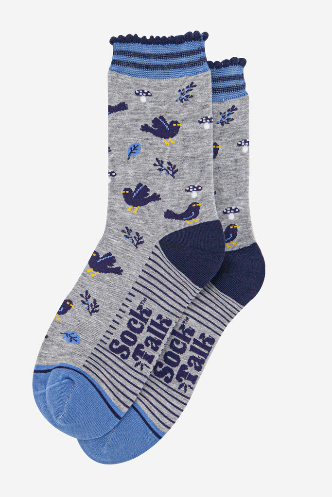 womens-bamboo-socks-light-grey-denim-blue-blackbirds-laying-flat