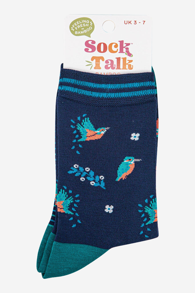 womens-bamboo-socks-navy-blue-teal-kingfishers-in-sock-talk-packaging