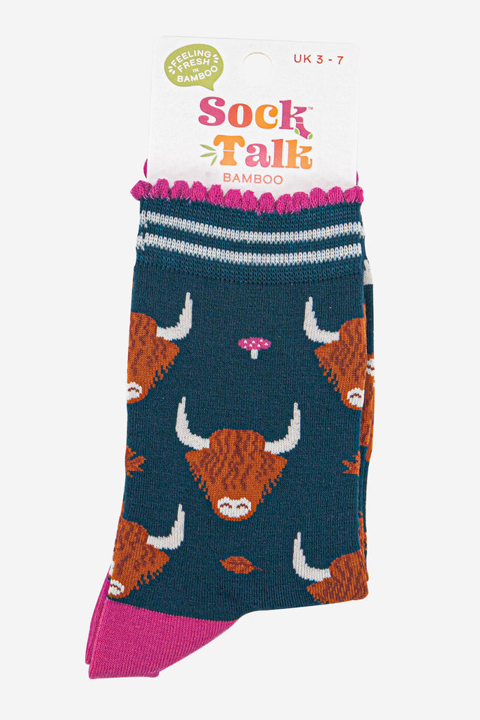 womens-bamboo-socks-forest-green-cream-highland-cow-leaves-in-sock-talk-packaging