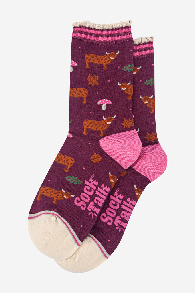 womens-bamboo-socks-berry-cream-highland-cow-toadstool-laying-flat