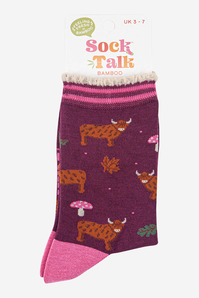 womens-bamboo-socks-berry-cream-highland-cow-toadstool-in-sock-talk-packaging