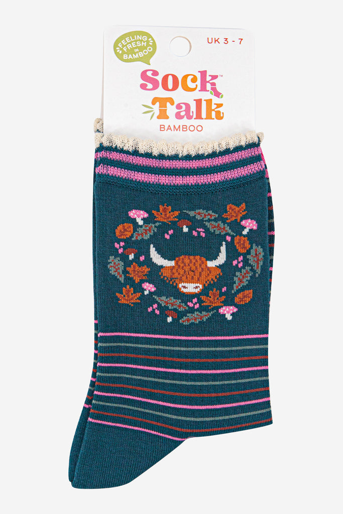 womens-bamboo-socks-forest-green-pink-highland-cow-floral-wreath-in-sock-talk-packaging