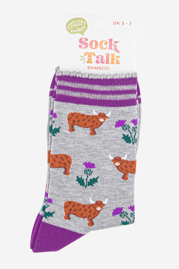 womens-bamboo-socks-light-grey-purple-highland-cow-thistles-in-sock-talk-packaging