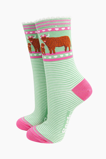 womens-bamboo-socks-green-highland-cow-and-calf-stripes-floral-crowns