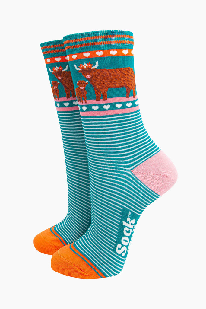 womens-bamboo-socks-teal-highland-cow-and-calf-front-view-stripes-love-hearts-animals