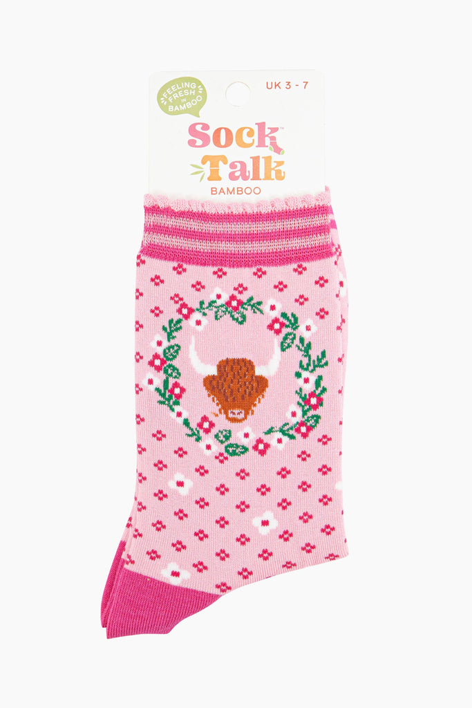 womens-bamboo-socks-pink-highland-cow-wreath-in-sock-talk-packaging-uk-size-3-7