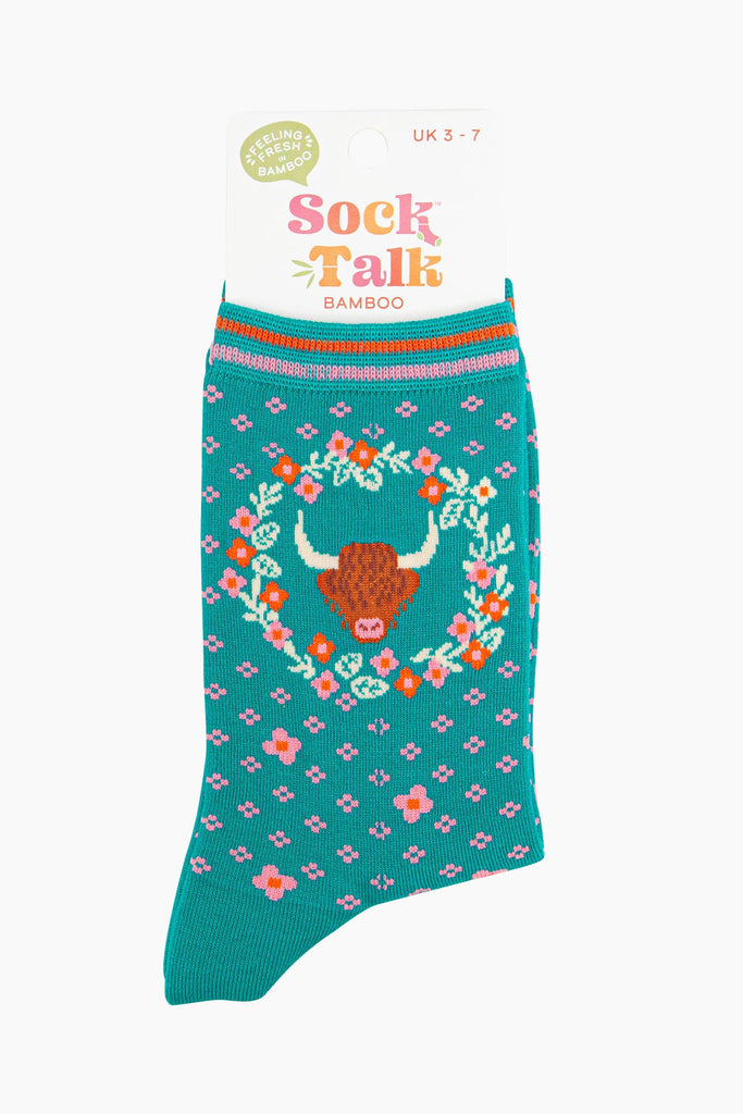 womens-bamboo-socks-teal-highland-cow-floral-wreath-in-sock-talk-packaging-uk-size-3-7