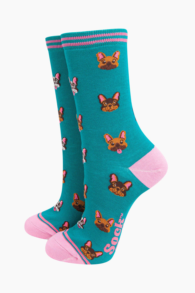 womens-bamboo-socks-teal-frenchie-bulldogs-blue-dog-faces-pets