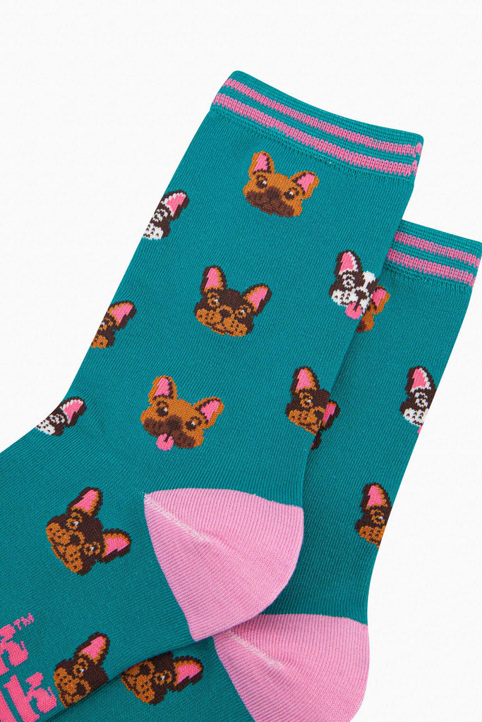 womens-bamboo-socks-teal-frenchie-bulldogs-close-up-pattern-dog-faces-brown-black-white