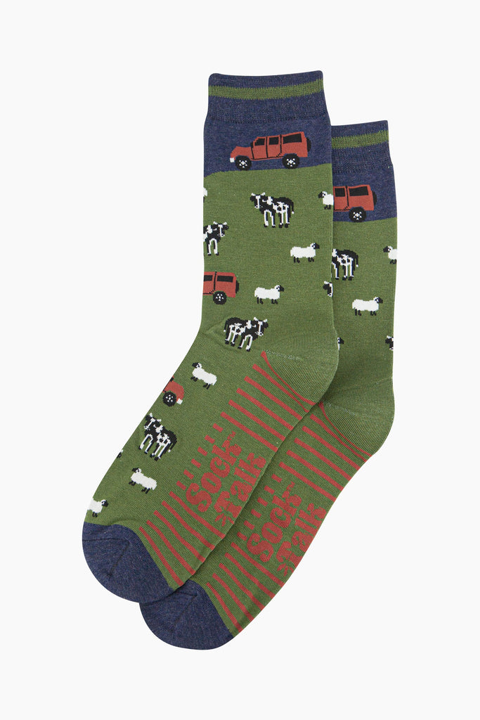 mens-bamboo-socks-navy-green-off-roader-farm-laying-flat-agricultural-scene-animals-jeep