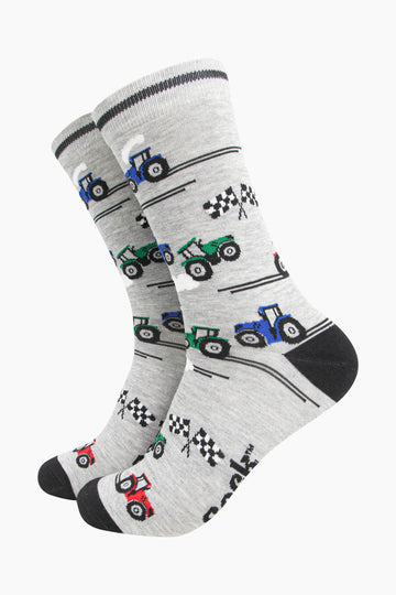 mens-bamboo-socks-grey-tractor-racing-checkered-flag-race-farm-vehicles