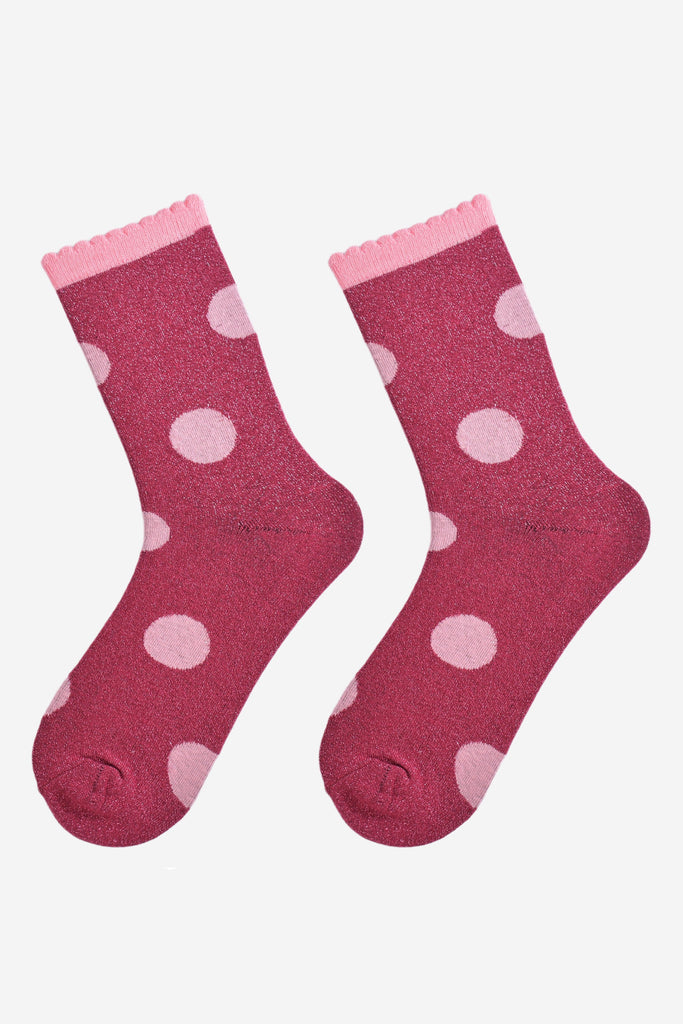 berry and pink large polka dot pattern glitter socks laying flat, showing the all over glitter sparkle