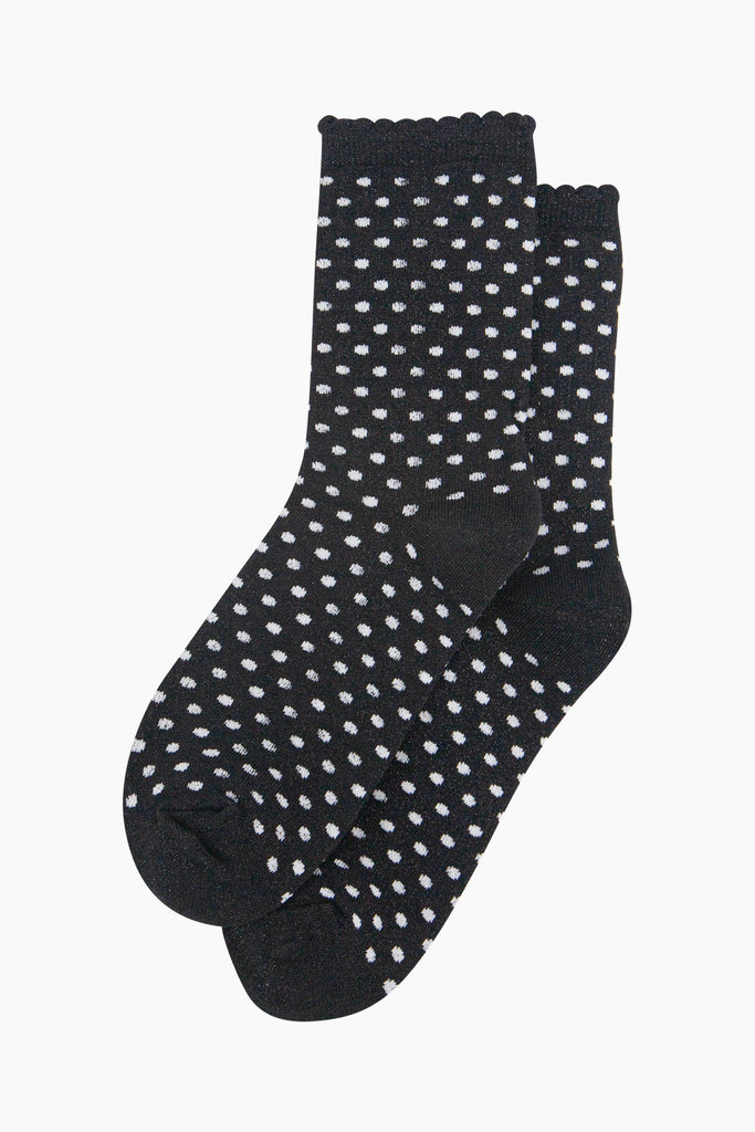 womens-glitter-socks-black-white-polka-dots-laying-flat-sparkly-spotted-pattern