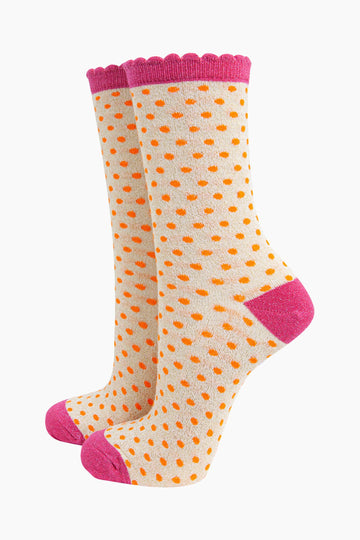 womens-glitter-socks-cream-hot-pink-polka-dots-sparkly-frilly-scalloped-cuff