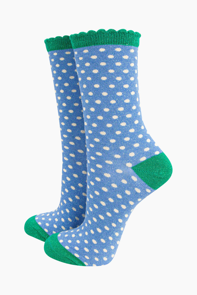 womens-glitter-socks-denim-blue-green-polka-dots-white-spots-green-heel-toe-cuff-sparkly