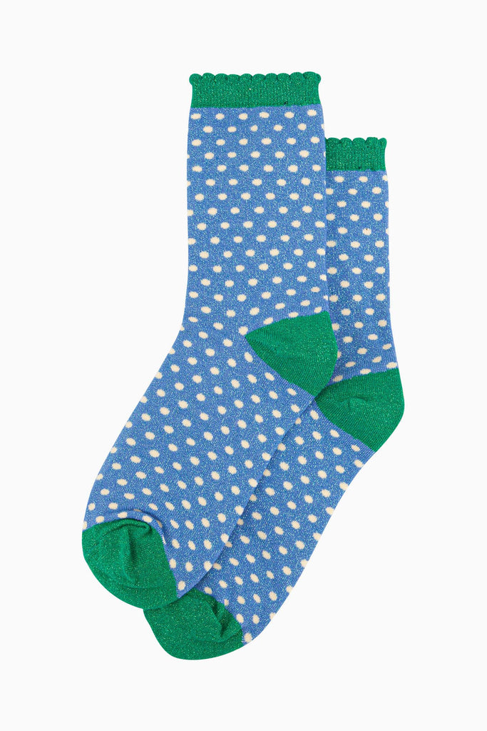 womens-glitter-socks-denim-blue-green-polka-dots-laying-flat-sparkly-material-scalloped-frilly-cuffs