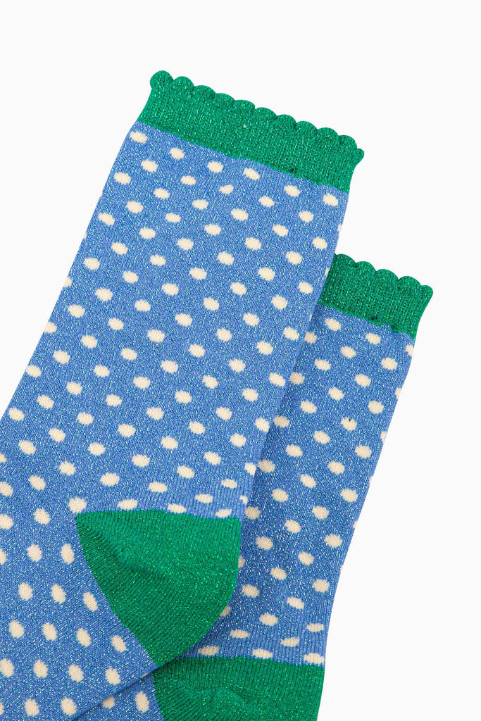 womens-glitter-socks-denim-blue-green-polka-dots-close-up-silver-sparkly-shimmer-all-over