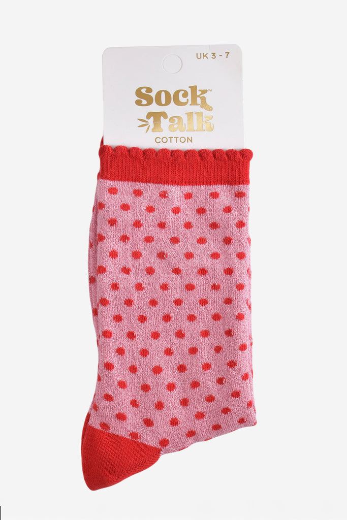 pink and red small polka dot glitter socks in their sock talk packaging, these socks are a uk size 3-7
