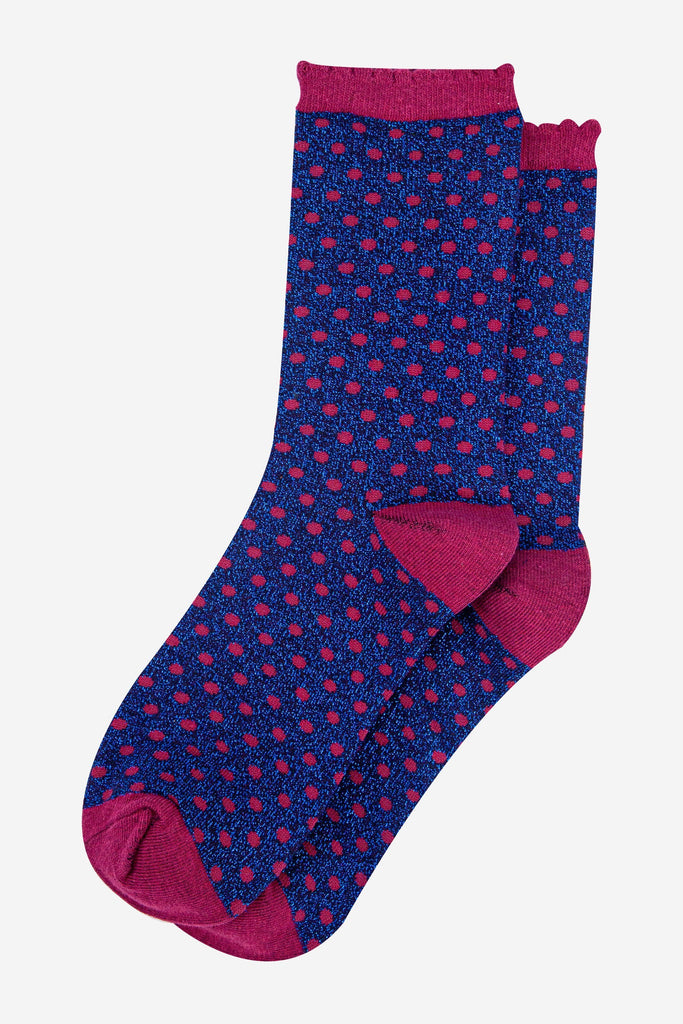 womens-navy-blue-berry-polka-dots-glitter-socks-laying-flat