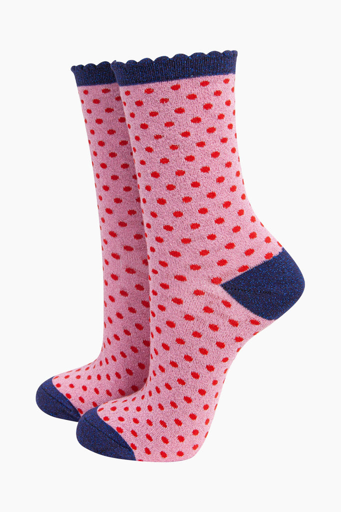 womens-glitter-socks-pink-red-polka-dots-sparkly-frilly-scalloped-cuffs